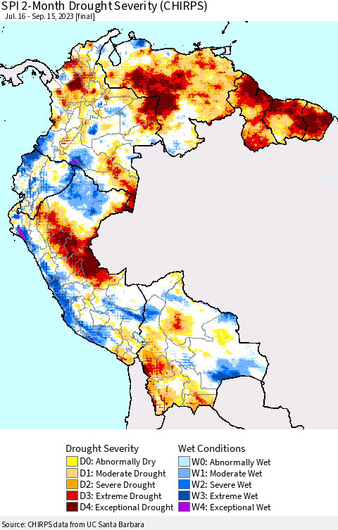 Northern South America SPI 2-Month Drought Severity (CHIRPS) Thematic Map For 7/16/2023 - 9/15/2023