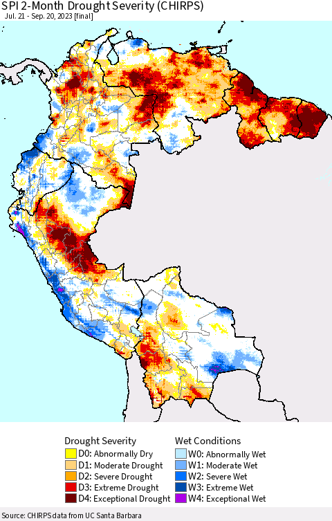 Northern South America SPI 2-Month Drought Severity (CHIRPS) Thematic Map For 7/21/2023 - 9/20/2023