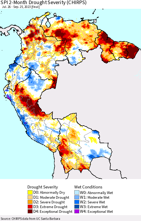 Northern South America SPI 2-Month Drought Severity (CHIRPS) Thematic Map For 7/26/2023 - 9/25/2023