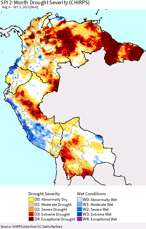 Northern South America SPI 2-Month Drought Severity (CHIRPS) Thematic Map For 8/6/2023 - 10/5/2023