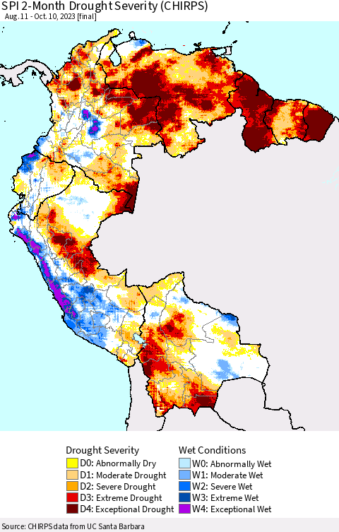 Northern South America SPI 2-Month Drought Severity (CHIRPS) Thematic Map For 8/11/2023 - 10/10/2023