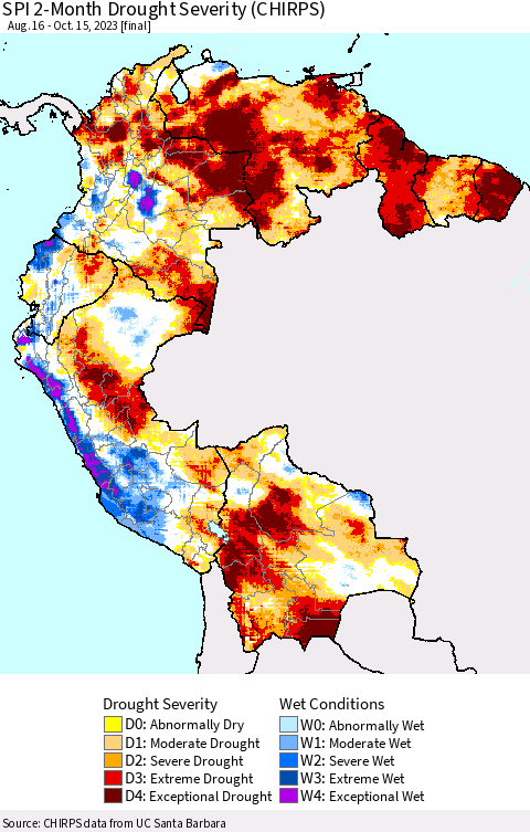 Northern South America SPI 2-Month Drought Severity (CHIRPS) Thematic Map For 8/16/2023 - 10/15/2023