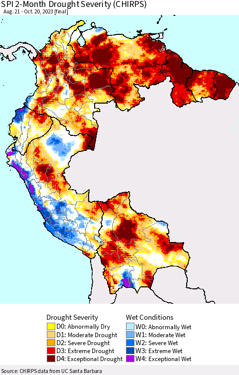 Northern South America SPI 2-Month Drought Severity (CHIRPS) Thematic Map For 8/21/2023 - 10/20/2023