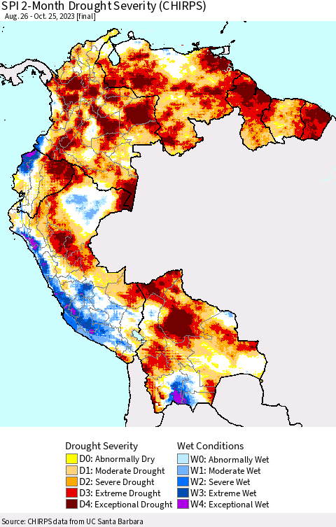 Northern South America SPI 2-Month Drought Severity (CHIRPS) Thematic Map For 8/26/2023 - 10/25/2023