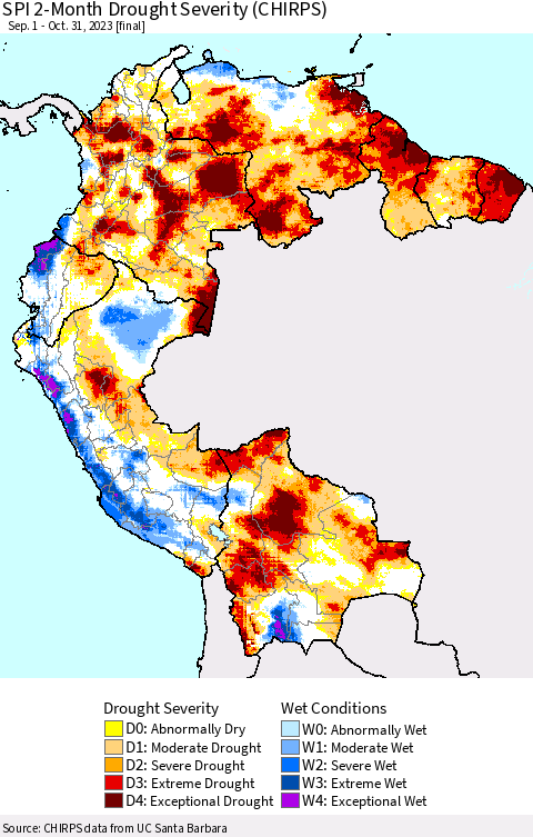 Northern South America SPI 2-Month Drought Severity (CHIRPS) Thematic Map For 9/1/2023 - 10/31/2023