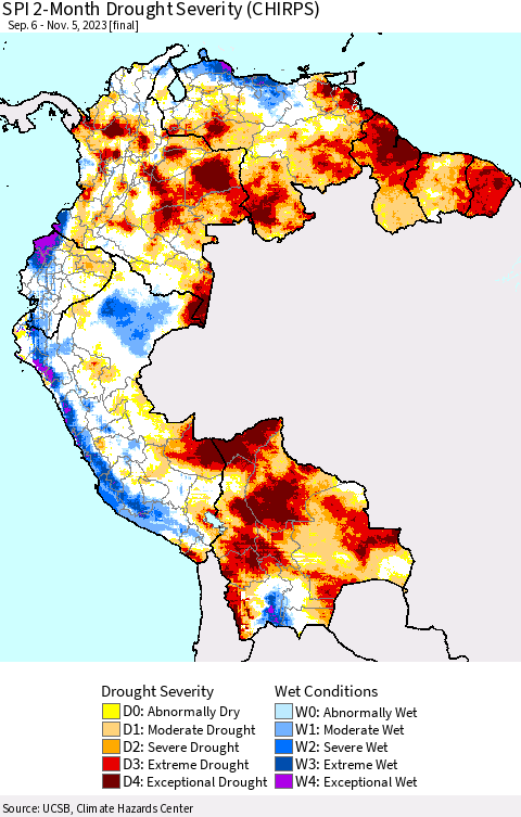 Northern South America SPI 2-Month Drought Severity (CHIRPS) Thematic Map For 9/6/2023 - 11/5/2023