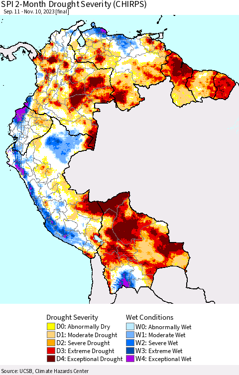 Northern South America SPI 2-Month Drought Severity (CHIRPS) Thematic Map For 9/11/2023 - 11/10/2023
