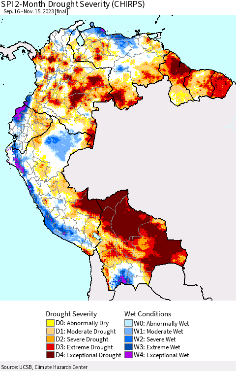 Northern South America SPI 2-Month Drought Severity (CHIRPS) Thematic Map For 9/16/2023 - 11/15/2023