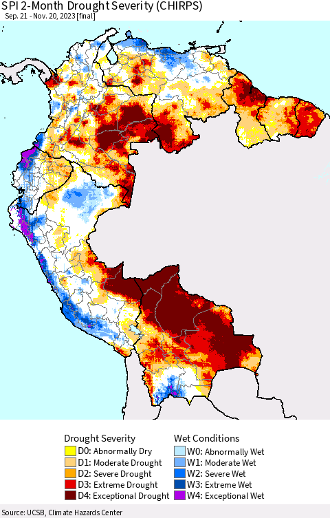 Northern South America SPI 2-Month Drought Severity (CHIRPS) Thematic Map For 9/21/2023 - 11/20/2023