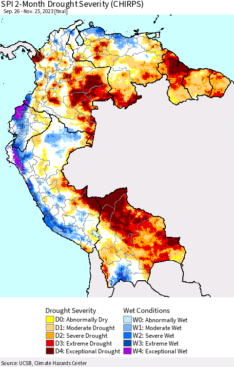 Northern South America SPI 2-Month Drought Severity (CHIRPS) Thematic Map For 9/26/2023 - 11/25/2023