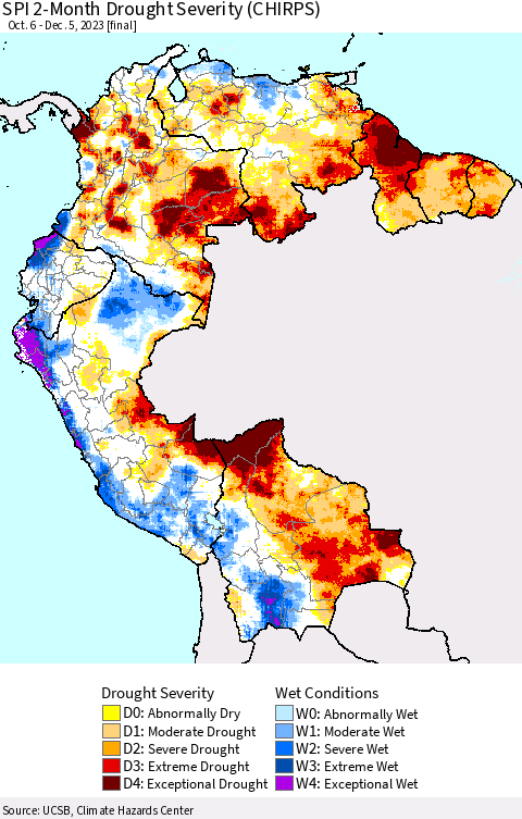 Northern South America SPI 2-Month Drought Severity (CHIRPS) Thematic Map For 10/6/2023 - 12/5/2023