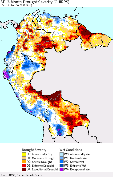 Northern South America SPI 2-Month Drought Severity (CHIRPS) Thematic Map For 10/11/2023 - 12/10/2023