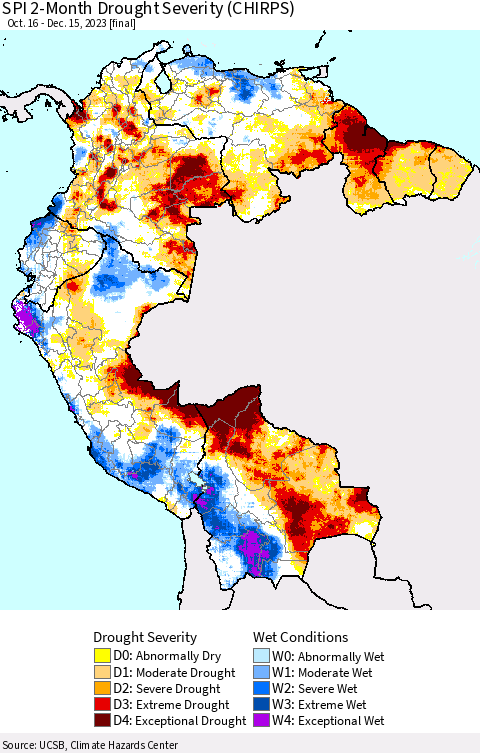 Northern South America SPI 2-Month Drought Severity (CHIRPS) Thematic Map For 10/16/2023 - 12/15/2023