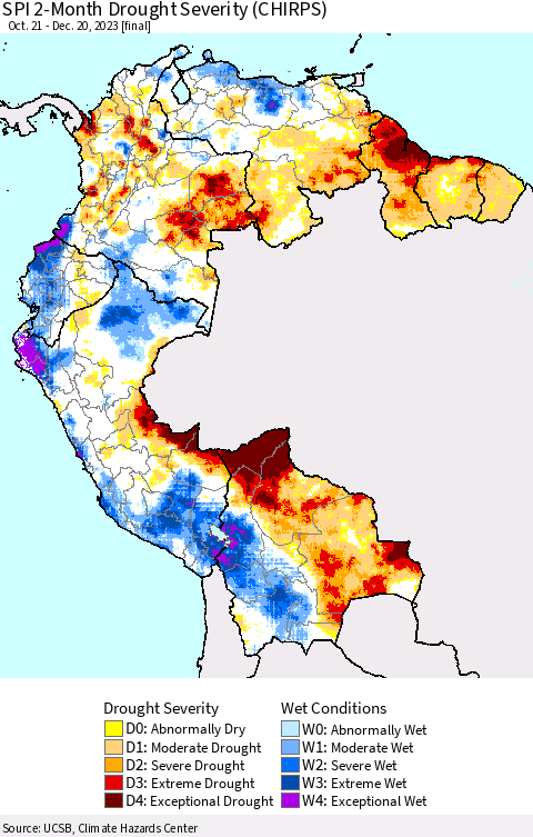 Northern South America SPI 2-Month Drought Severity (CHIRPS) Thematic Map For 10/21/2023 - 12/20/2023