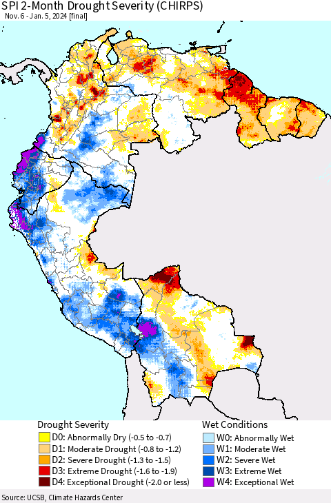 Northern South America SPI 2-Month Drought Severity (CHIRPS) Thematic Map For 11/6/2023 - 1/5/2024