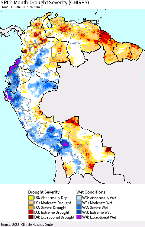 Northern South America SPI 2-Month Drought Severity (CHIRPS) Thematic Map For 11/11/2023 - 1/10/2024