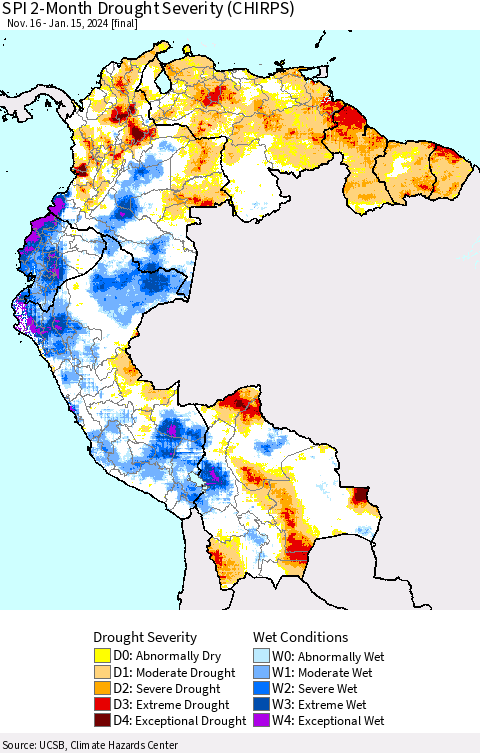 Northern South America SPI 2-Month Drought Severity (CHIRPS) Thematic Map For 11/16/2023 - 1/15/2024