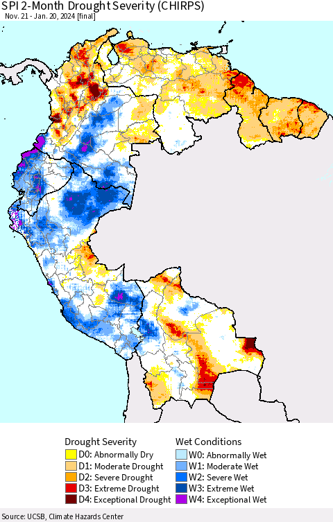 Northern South America SPI 2-Month Drought Severity (CHIRPS) Thematic Map For 11/21/2023 - 1/20/2024