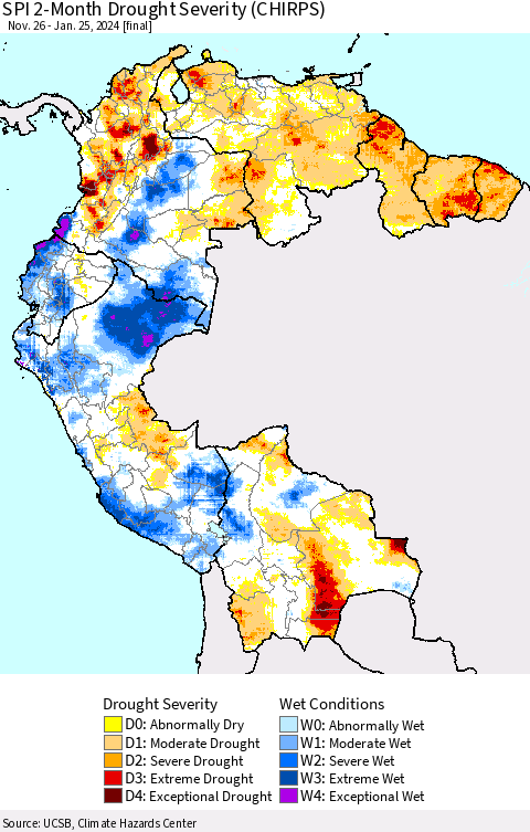 Northern South America SPI 2-Month Drought Severity (CHIRPS) Thematic Map For 11/26/2023 - 1/25/2024