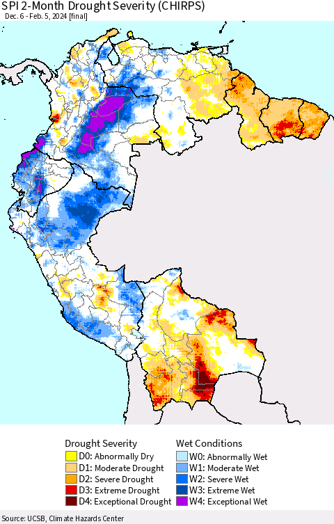 Northern South America SPI 2-Month Drought Severity (CHIRPS) Thematic Map For 12/6/2023 - 2/5/2024