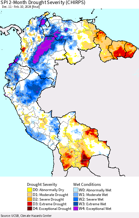 Northern South America SPI 2-Month Drought Severity (CHIRPS) Thematic Map For 12/11/2023 - 2/10/2024