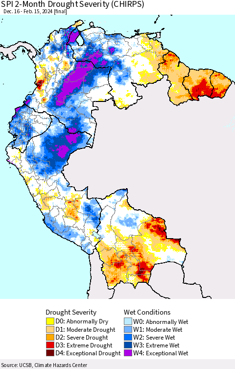 Northern South America SPI 2-Month Drought Severity (CHIRPS) Thematic Map For 12/16/2023 - 2/15/2024