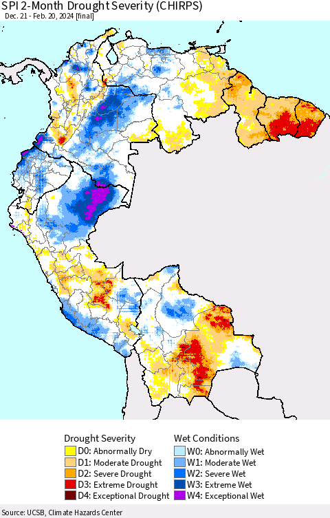 Northern South America SPI 2-Month Drought Severity (CHIRPS) Thematic Map For 12/21/2023 - 2/20/2024