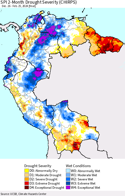Northern South America SPI 2-Month Drought Severity (CHIRPS) Thematic Map For 12/26/2023 - 2/25/2024