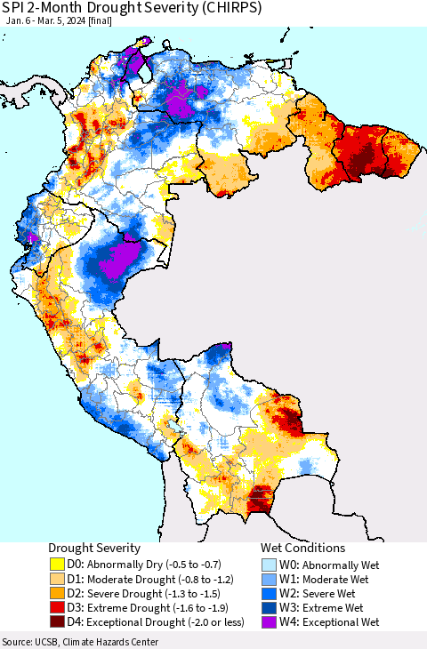 Northern South America SPI 2-Month Drought Severity (CHIRPS) Thematic Map For 1/6/2024 - 3/5/2024