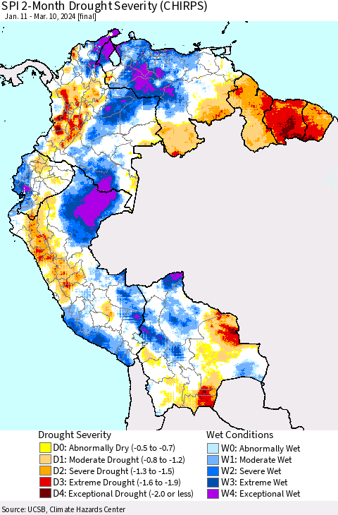 Northern South America SPI 2-Month Drought Severity (CHIRPS) Thematic Map For 1/11/2024 - 3/10/2024
