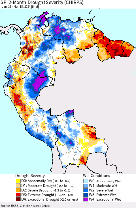 Northern South America SPI 2-Month Drought Severity (CHIRPS) Thematic Map For 1/16/2024 - 3/15/2024