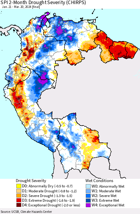 Northern South America SPI 2-Month Drought Severity (CHIRPS) Thematic Map For 1/21/2024 - 3/20/2024