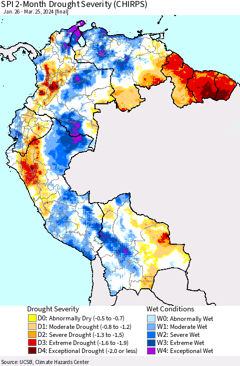 Northern South America SPI 2-Month Drought Severity (CHIRPS) Thematic Map For 1/26/2024 - 3/25/2024