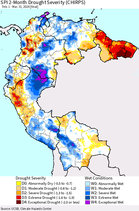 Northern South America SPI 2-Month Drought Severity (CHIRPS) Thematic Map For 2/1/2024 - 3/31/2024