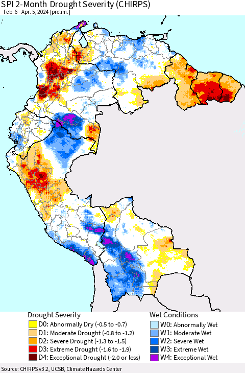 Northern South America SPI 2-Month Drought Severity (CHIRPS) Thematic Map For 2/6/2024 - 4/5/2024