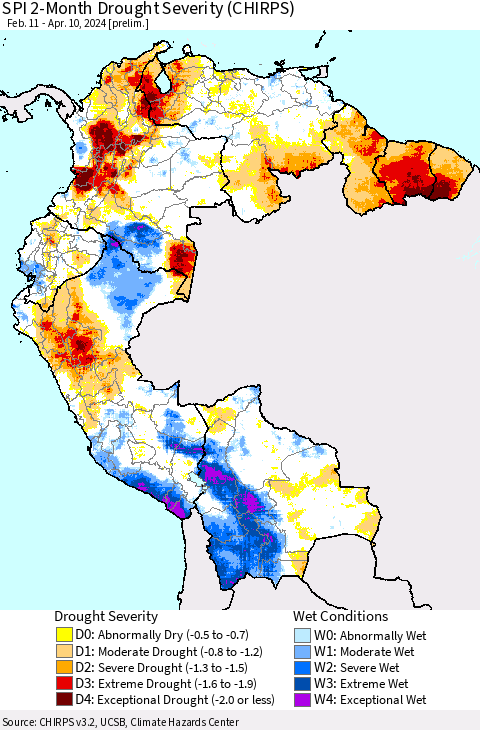 Northern South America SPI 2-Month Drought Severity (CHIRPS) Thematic Map For 2/11/2024 - 4/10/2024