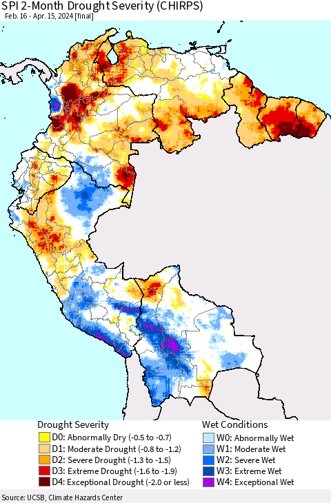 Northern South America SPI 2-Month Drought Severity (CHIRPS) Thematic Map For 2/16/2024 - 4/15/2024