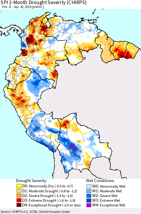 Northern South America SPI 2-Month Drought Severity (CHIRPS) Thematic Map For 2/21/2024 - 4/20/2024