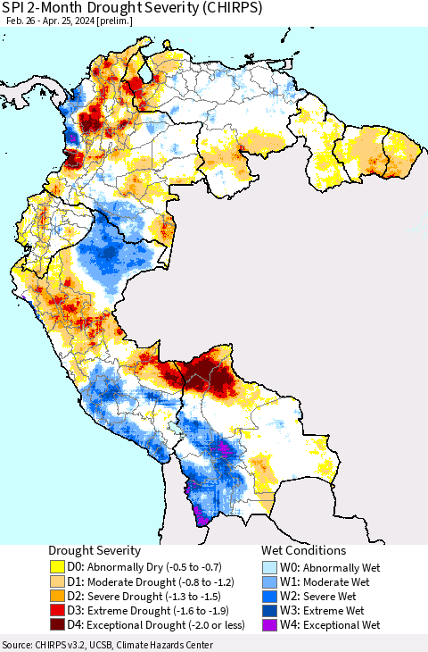 Northern South America SPI 2-Month Drought Severity (CHIRPS) Thematic Map For 2/26/2024 - 4/25/2024