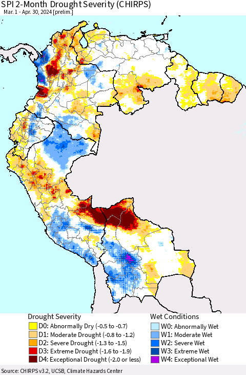 Northern South America SPI 2-Month Drought Severity (CHIRPS) Thematic Map For 3/1/2024 - 4/30/2024