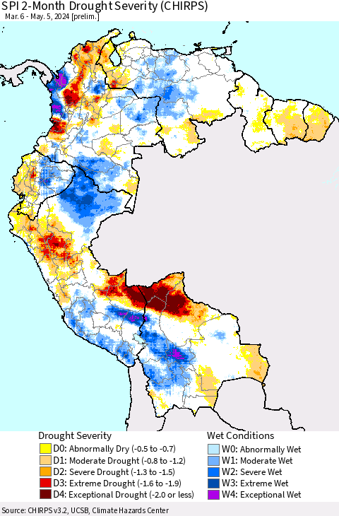 Northern South America SPI 2-Month Drought Severity (CHIRPS) Thematic Map For 3/6/2024 - 5/5/2024