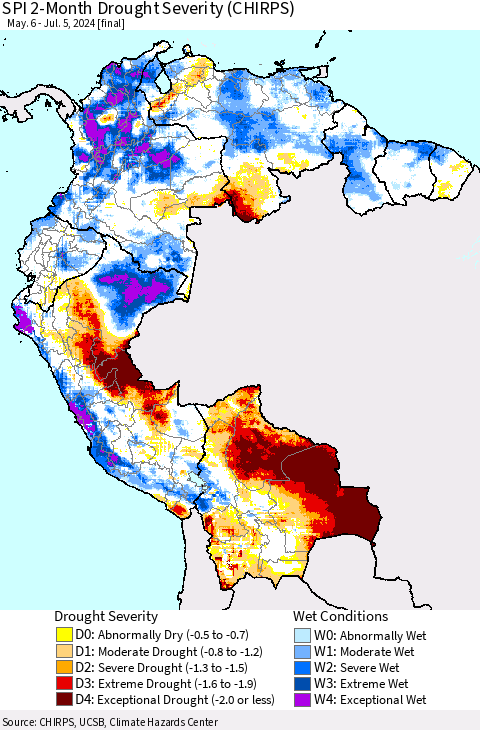 Northern South America SPI 2-Month Drought Severity (CHIRPS) Thematic Map For 5/6/2024 - 7/5/2024