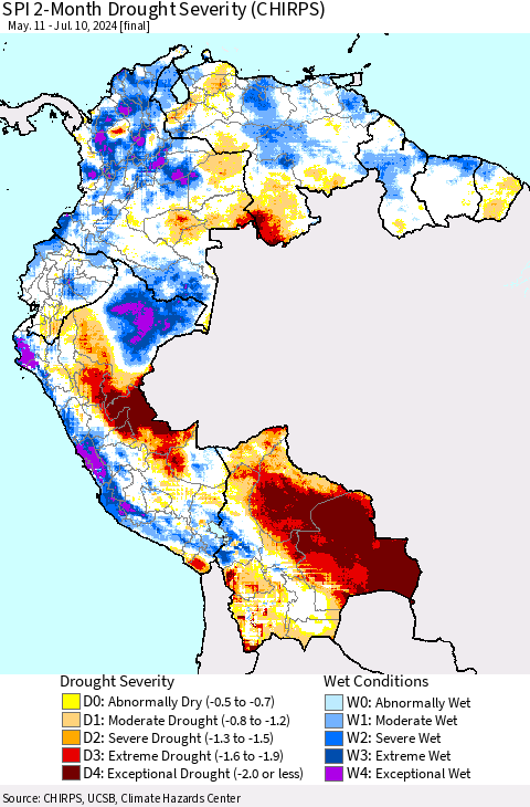 Northern South America SPI 2-Month Drought Severity (CHIRPS) Thematic Map For 5/11/2024 - 7/10/2024