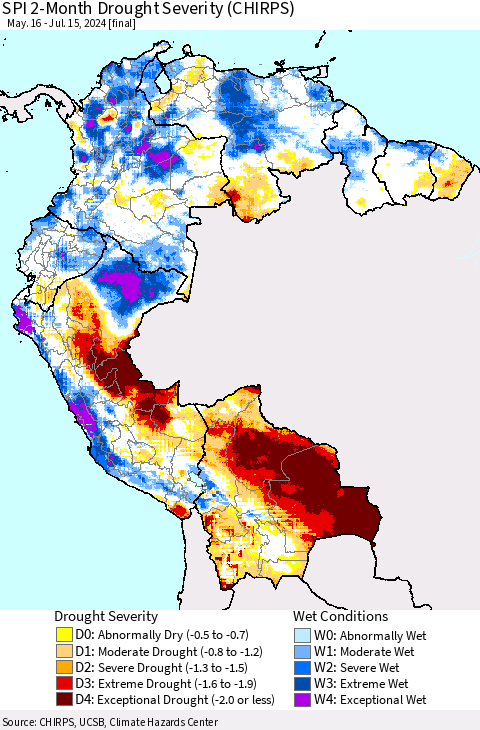 Northern South America SPI 2-Month Drought Severity (CHIRPS) Thematic Map For 5/16/2024 - 7/15/2024