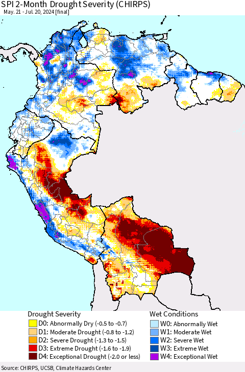 Northern South America SPI 2-Month Drought Severity (CHIRPS) Thematic Map For 5/21/2024 - 7/20/2024