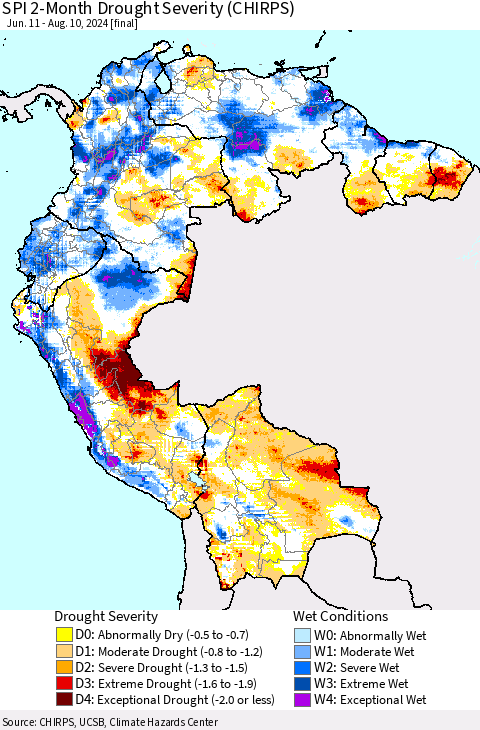 Northern South America SPI 2-Month Drought Severity (CHIRPS) Thematic Map For 6/11/2024 - 8/10/2024