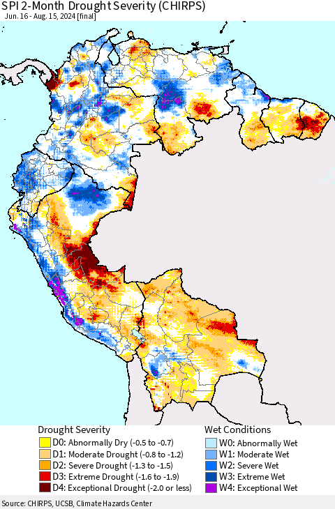 Northern South America SPI 2-Month Drought Severity (CHIRPS) Thematic Map For 6/16/2024 - 8/15/2024