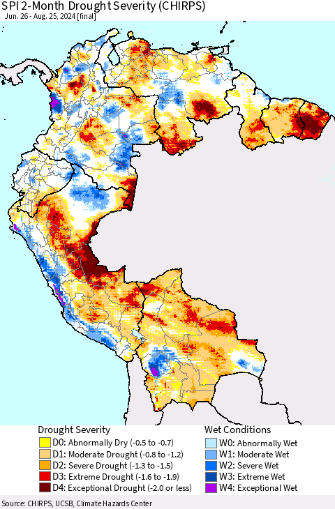 Northern South America SPI 2-Month Drought Severity (CHIRPS) Thematic Map For 6/26/2024 - 8/25/2024