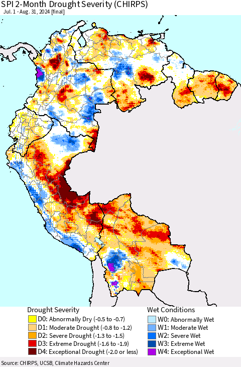 Northern South America SPI 2-Month Drought Severity (CHIRPS) Thematic Map For 7/1/2024 - 8/31/2024