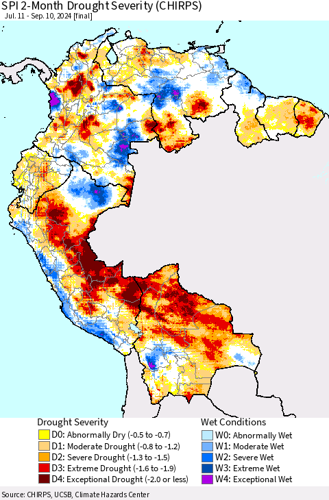 Northern South America SPI 2-Month Drought Severity (CHIRPS) Thematic Map For 7/11/2024 - 9/10/2024